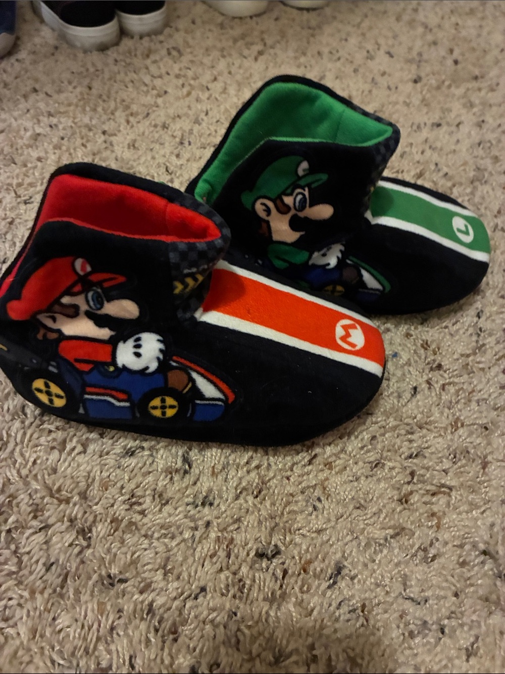 Kids Black Plush Character Slippers with Red and Green Accents